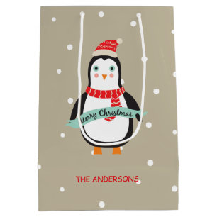 Sac Cadeau Moyen Petit pingouin de Noël mignon "Joyeux Noël"