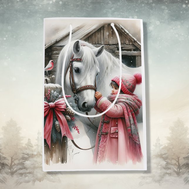Sac Cadeau Moyen Petite fille et son cheval Noël rustique (Créateur téléchargé)