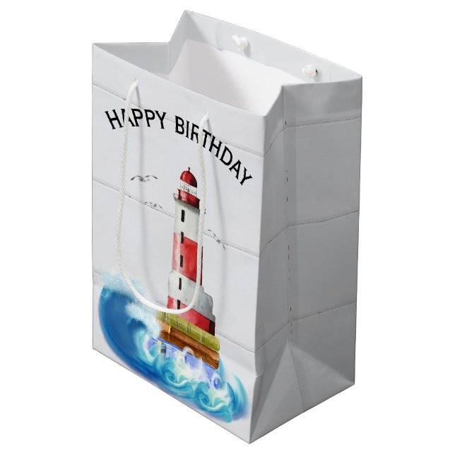Sac Cadeau Moyen Phare D'Anniversaire Sur Bois Blanchi (Devant Angle)
