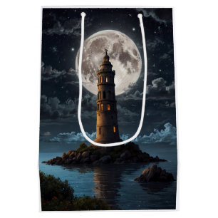 Sac Cadeau Moyen Phare éclairé par le clair de lune la nuit claire