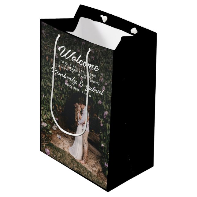 Sac Cadeau Moyen Photo Elegant Mariage noir Bienvenue (Devant Angle)