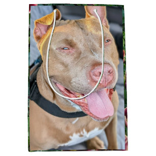Sac Cadeau Moyen Photographie de Pitbull Heureux avec des Fleurs 