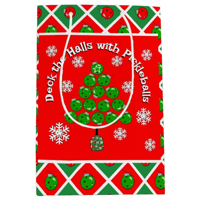 Sac Cadeau Moyen Pickleball Christmas Tree Deck the Halls Red Green (Devant)