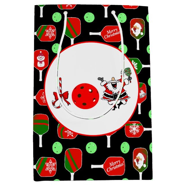Sac Cadeau Moyen Pickleball Joie Noël Party Rouge Vert et Noir (Devant)