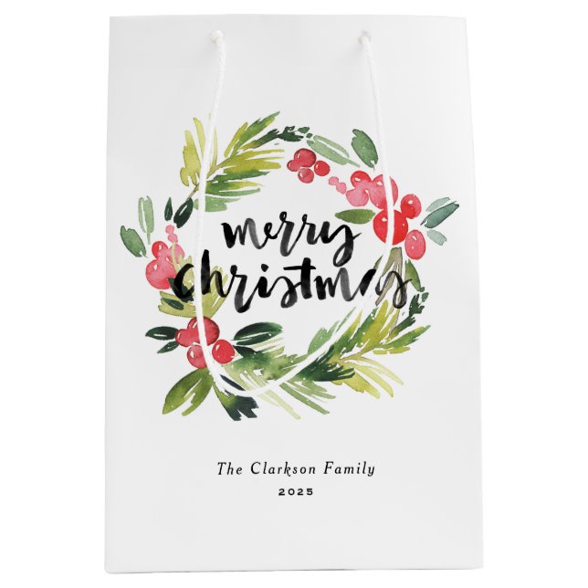 Sac Cadeau Moyen Pin d'aquarelle et couronne blanche Joyeux Noël (Devant)