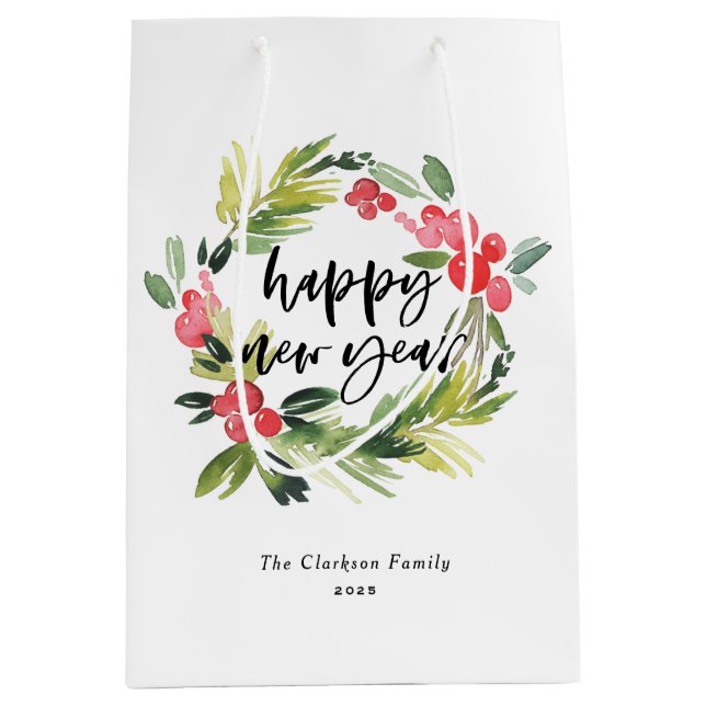 Sac Cadeau Moyen Pin d'aquarelle et Wreath Holly Bonne année (Devant)