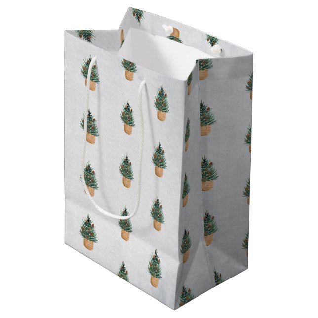 Sac Cadeau Moyen Pine Tree, Pine Cônes, Fête De La Neige (Devant Angle)