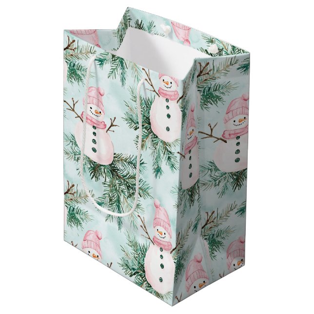 Sac Cadeau Moyen Pine Tree Pink White Snowman Girl Christmas (Devant Angle)