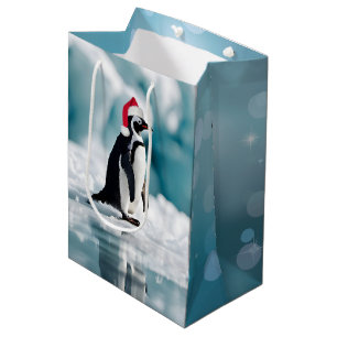 Sac Cadeau Moyen Pingouin de Noël avec Casquette