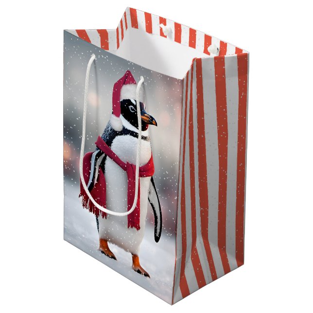 Sac Cadeau Moyen Pingouin de Noël avec Écharpe rouge (Devant Angle)