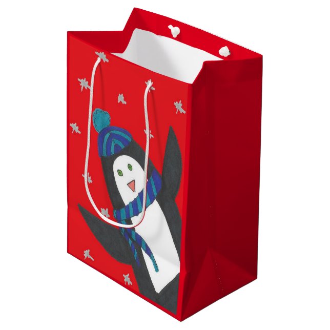 Sac Cadeau Moyen Pingouin de Noël en rouge (Devant Angle)