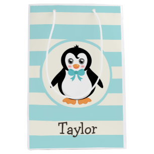Sac Cadeau Moyen Pingouin mignon avec Bowtie Turquoise