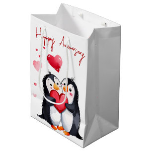 Sac Cadeau Moyen Pingouins Anniversaire Avec Coeur