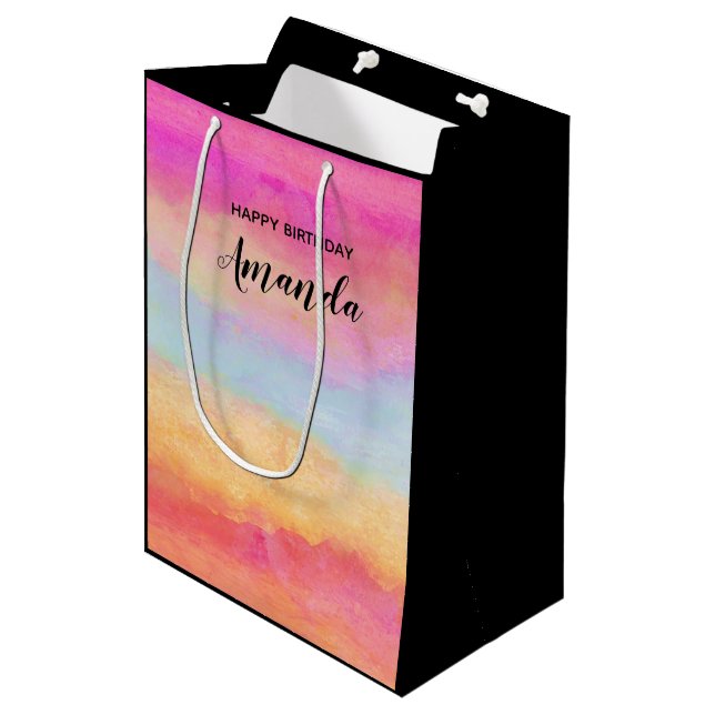 Sac Cadeau Moyen Pink Blue Jaune arc-en-ciel Abstraites rayures Ann (Devant Angle)