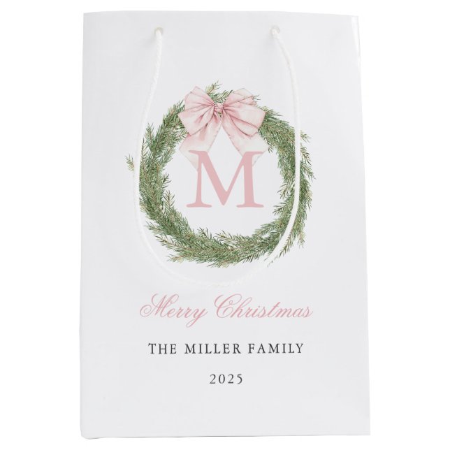 Sac Cadeau Moyen Pink Bow Monogram Wreath Christmas (Devant)