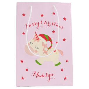 Sac Cadeau Moyen Pink Christmas Unicorn Holiday Personnalisé