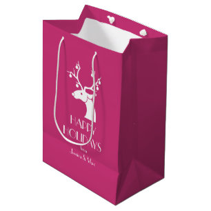 Sac Cadeau Moyen Pink Christmas White Reinder Message personnalisé