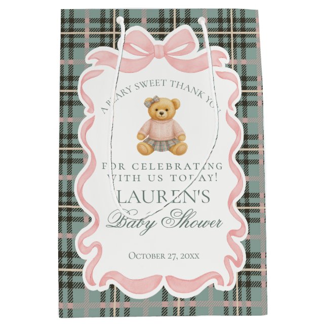 Sac Cadeau Moyen Pink Coquette Bow Bear Plaid Baby Shower Favors (Devant)