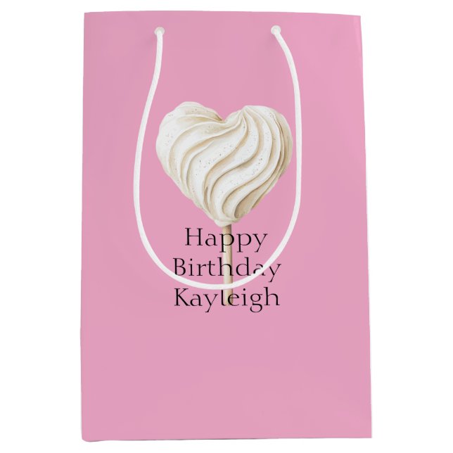 Sac Cadeau Moyen Pink Cream Heart on Stick Birthday (Devant)