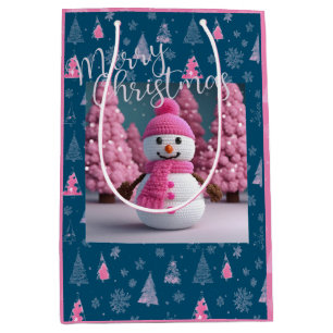 Sac Cadeau Moyen Pink Crochet Snowman hiver Wonderland