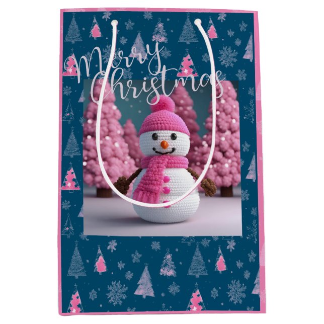 Sac Cadeau Moyen Pink Crochet Snowman hiver Wonderland (Devant)