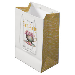 Sac Cadeau Moyen Pink Gold Floral Teacup Fête des mariées Tea Party