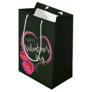 Sac Cadeau Moyen Pink Heart Flowers Valentine's Day Medium Cadeau