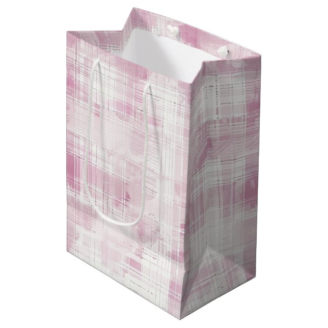 Sac Cadeau Moyen Pink Plaid White Stripes Anniversaire (Devant Angle)
