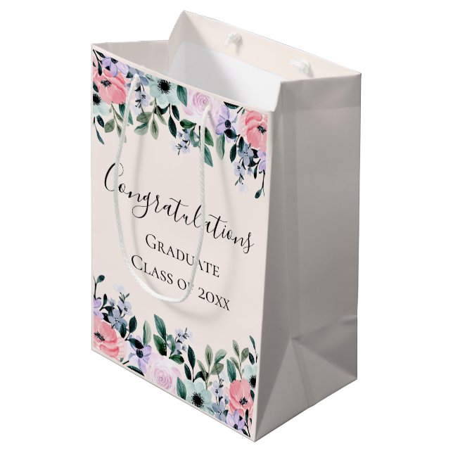 Sac Cadeau Moyen Pink Purple & Green Floral Félicitations (Devant Angle)