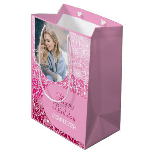 Sac Cadeau Moyen Pink Stripes Arch Photo Floral Anniversaire