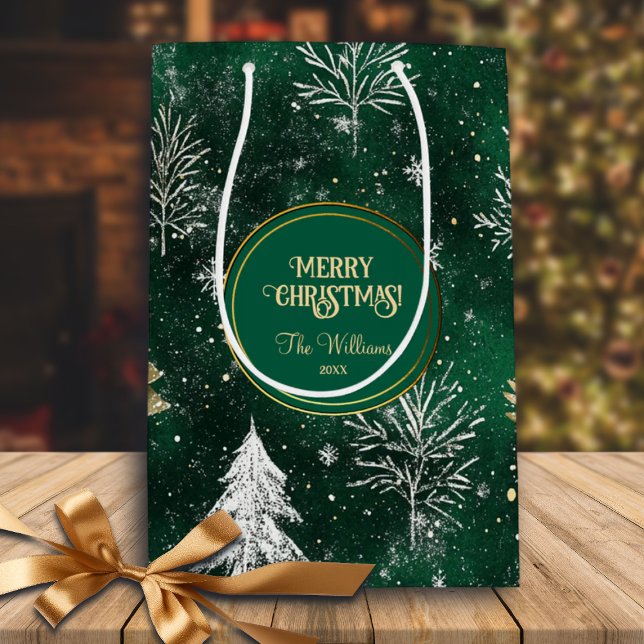 Sac Cadeau Moyen Pins d'or Silver Snowflakes Hunter Green (Créateur téléchargé)