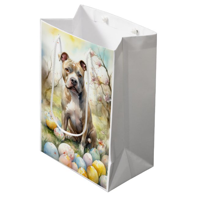 Sac Cadeau Moyen Pitbull Chien avec des oeufs de Pâques vacances (Devant Angle)