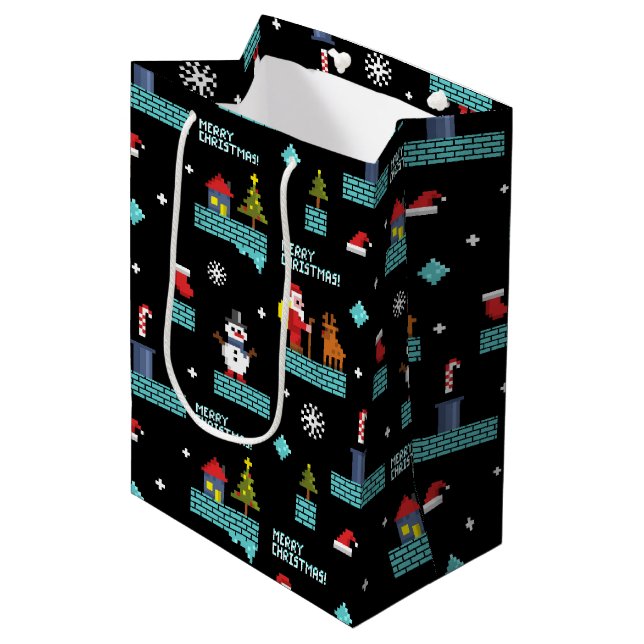 Sac Cadeau Moyen Pixellit Joyeux Motif de Noël - Design rétro (Devant Angle)