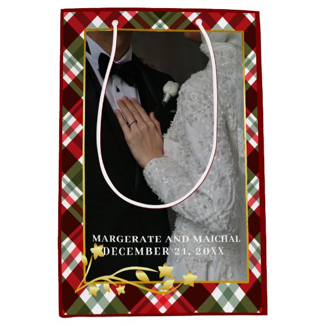 Sac Cadeau Moyen Plaid Christmas 1 Photo Marié et Joyeux (Devant)