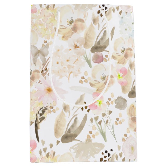 Sac Cadeau Moyen Plutôt Neutre Crème Rose Floral (Devant)