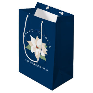 Sac Cadeau Moyen Poinsettia Blanc Joyeux Noël Bleu Foncé