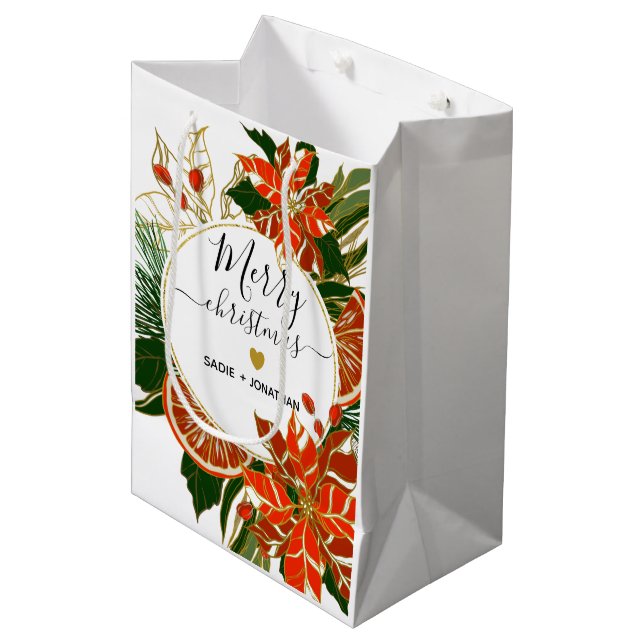 Sac Cadeau Moyen Poinsettia et Citrus Gold Joyeux Noël (Devant Angle)