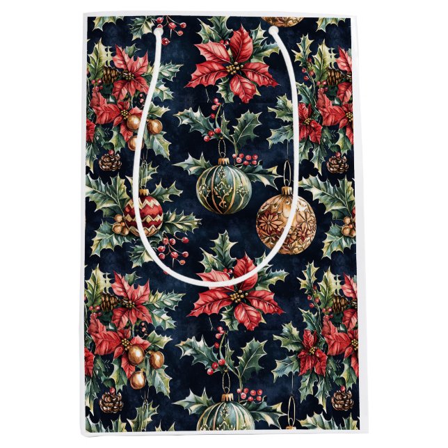 Sac Cadeau Moyen Poinsettias and Ornaments (Devant)