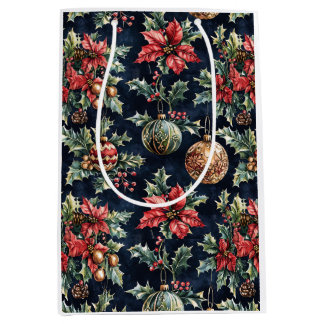 Sac Cadeau Moyen Poinsettias et ornements recto-verso