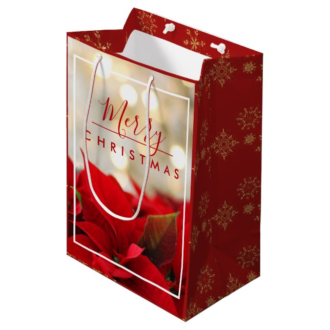 Sac Cadeau Moyen Poinsettias rouges avec Golden Bokeh Noël (Devant Angle)
