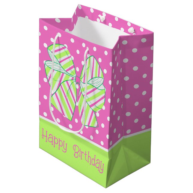 Sac Cadeau Moyen Pointe Polka Pink et Green Prapper (Devant Angle)