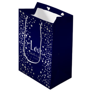 Sac Cadeau Moyen Points de confettis de bleu marine et d'argent
