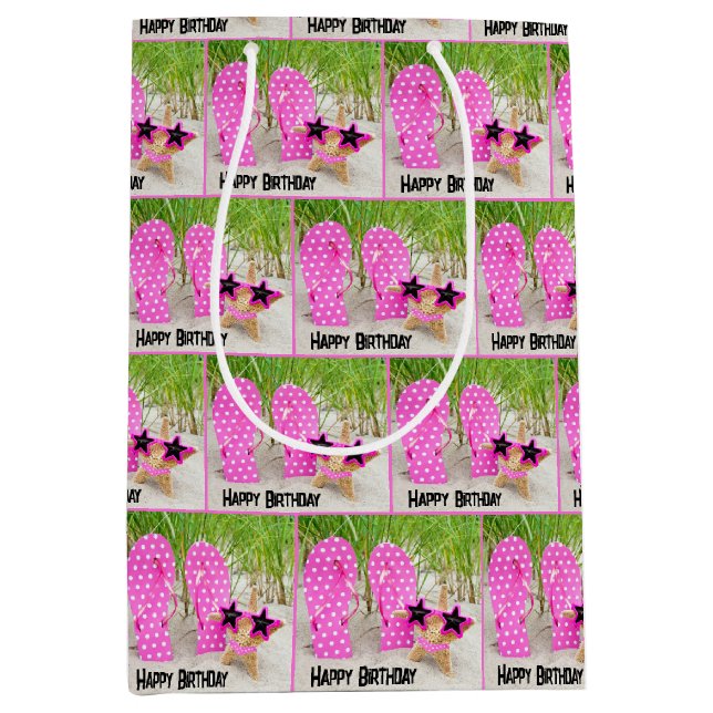 Sac Cadeau Moyen Poisson étoilé et tongs dans le sable de plage (Devant)