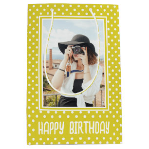 Sac Cadeau Moyen Polka Jaune Lumineuse Point Photo Personnalisée An