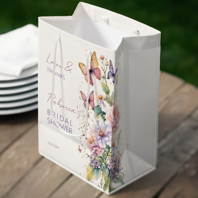 Sac Cadeau Moyen Pommes à papillons douche nuptiale fleurie faveurs (Butterflies enchanted garden floral bridal shower favors personalized printed medium favor gift bag)