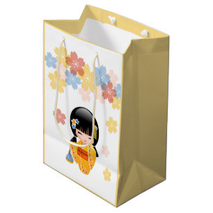 Sac Cadeau Moyen Poupée d'été Kokeshi - Kimono Jaune Geisha Girl
