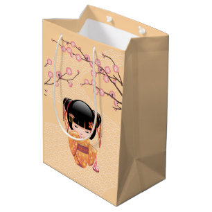 Sac Cadeau Moyen Poupée Kokeshi Ume - Fille Geisha Japonaise Jaune