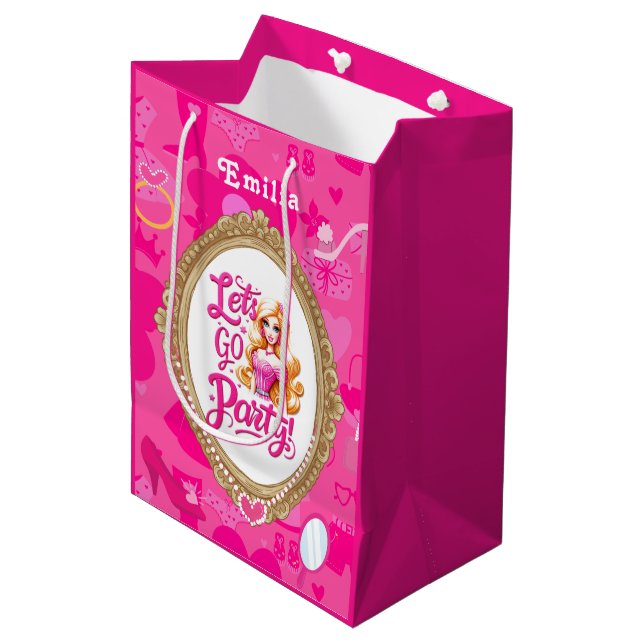 Sac Cadeau Moyen Poupée rétro rose Girly Allons faire la fête Anniv (Devant Angle)