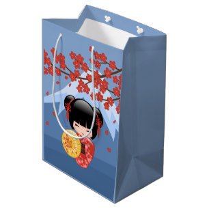 Sac Cadeau Moyen Poupée Rouge Sakura Kokeshi - Cute Geisha Girl Blu