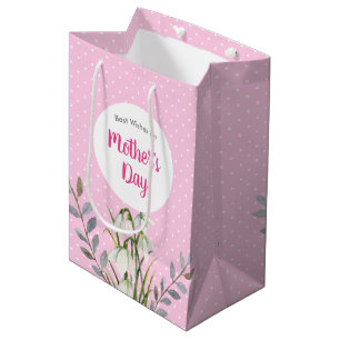 Sac Cadeau Moyen Pour la Fête des Mères White Snowdrops Pink Polka 